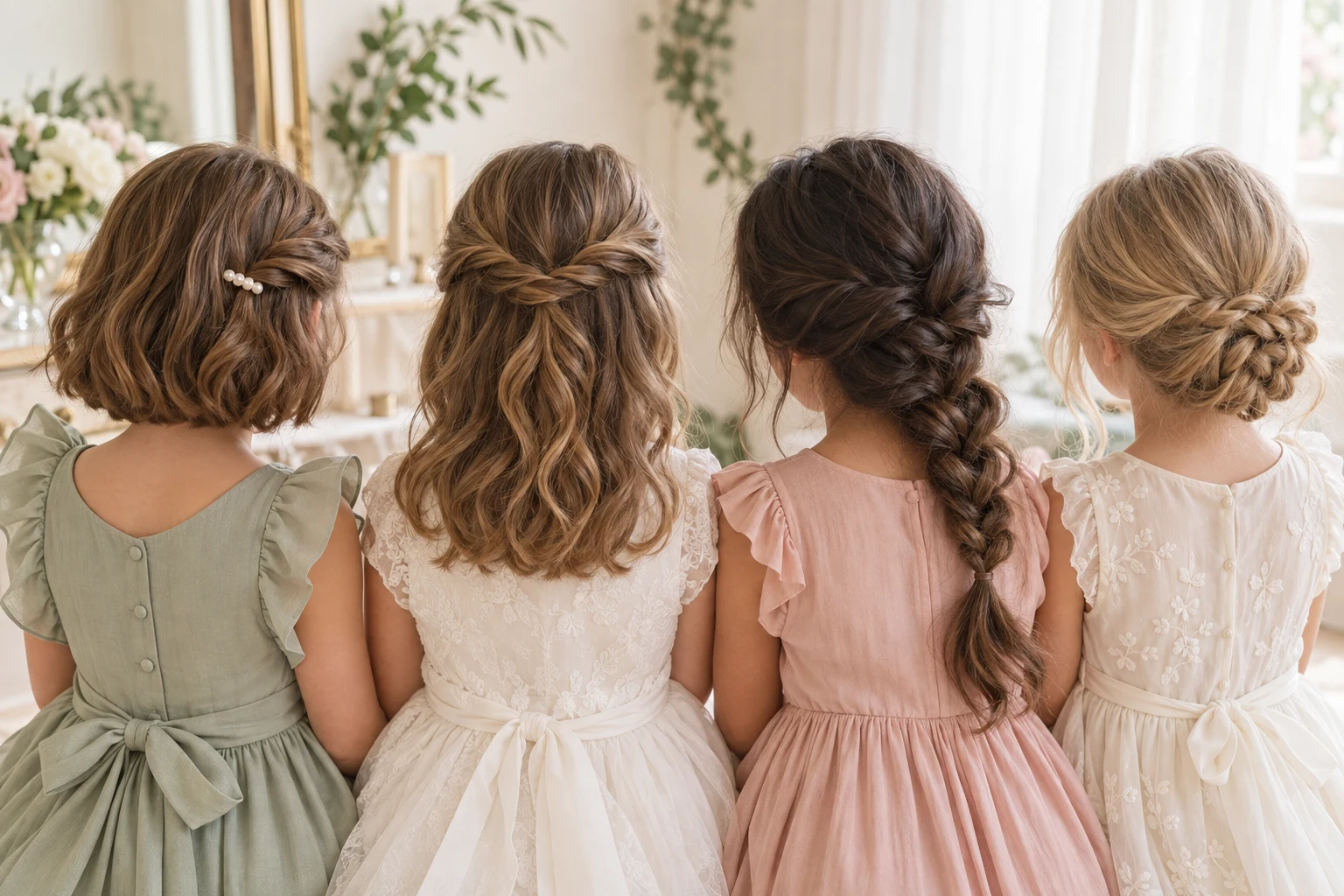 Quatre enfants de dos avec une torsade sur carré, une demi-attache, une tresse latérale et un chignon bas tressé
