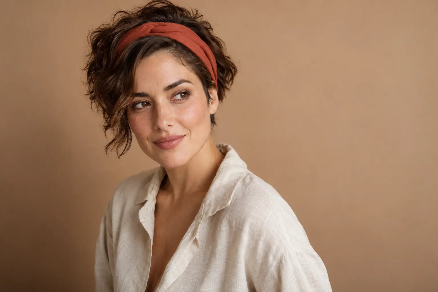 Personne aux cheveux courts texturés portant un bandeau en retrait avec une mèche libre sur le côté.