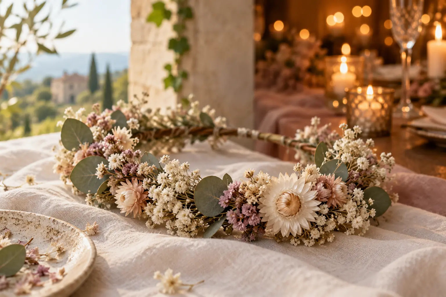 Couronne de fleurs séchées ivoire et rose dans une ambiance de mariage