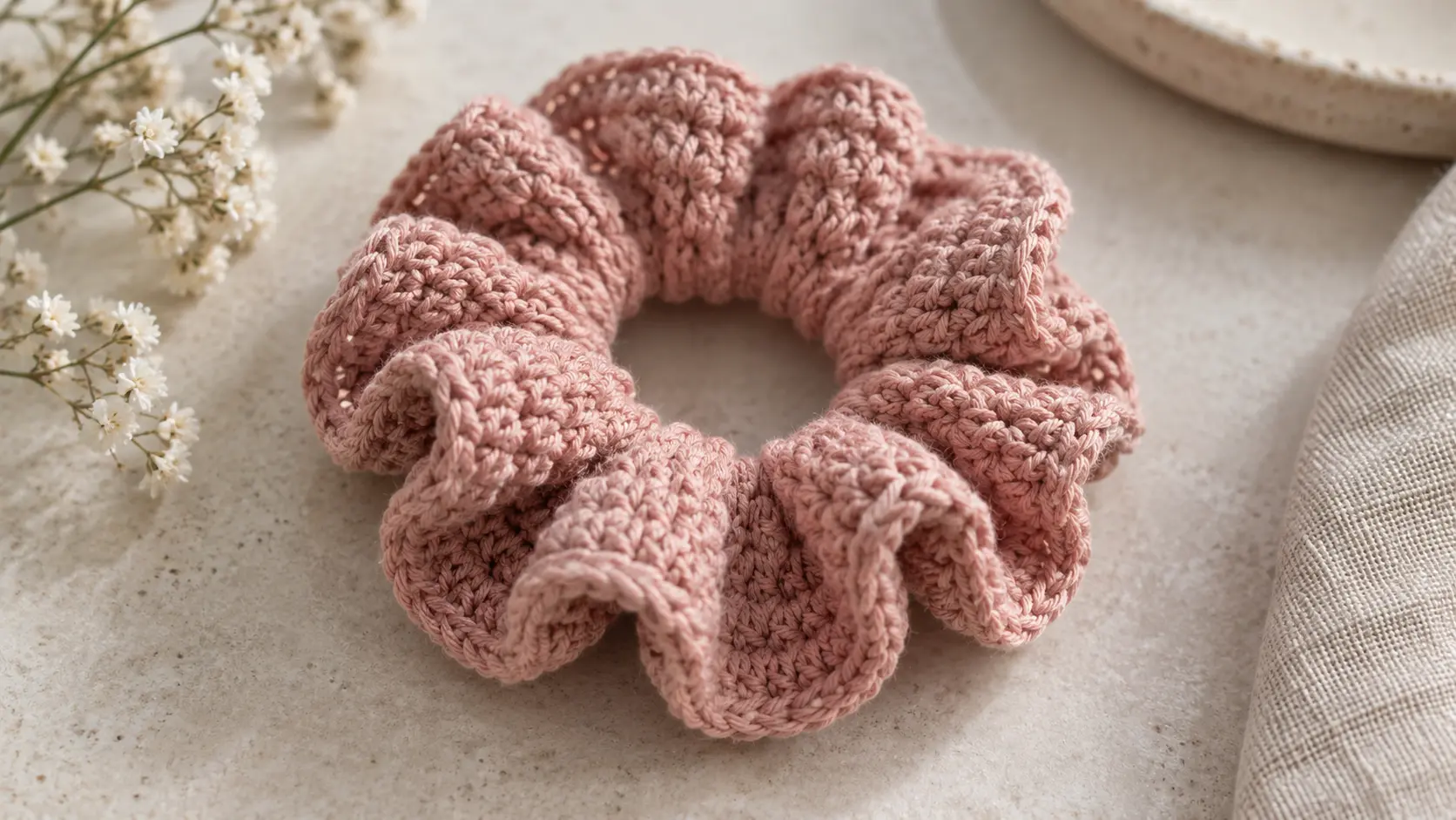 Chouchou au crochet rose aux mailles régulières